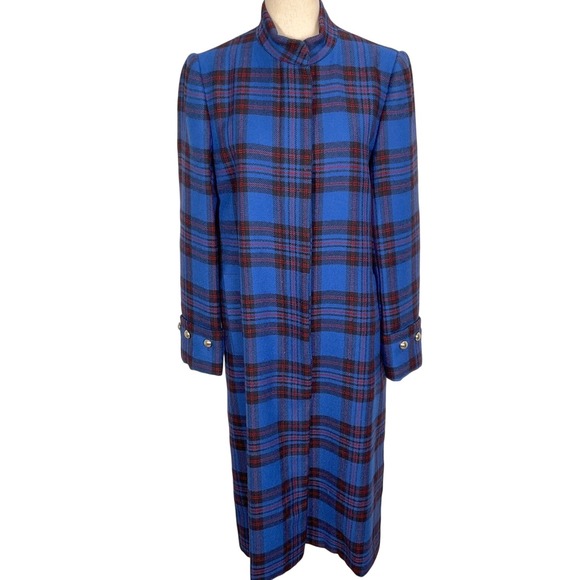 Albert Nipon Jackets & Blazers - Albert Nipon Coat Women 8 Blue Red Tartan Plaid Long Wool 80s Statement